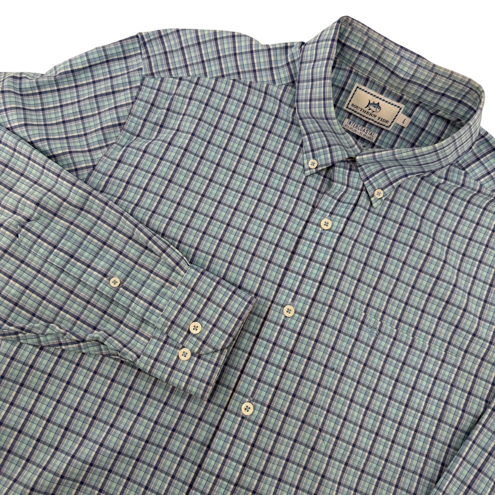 Southern Tide Intercoastal Shirt Mens L Blue Plaid Performance Stretch Casual